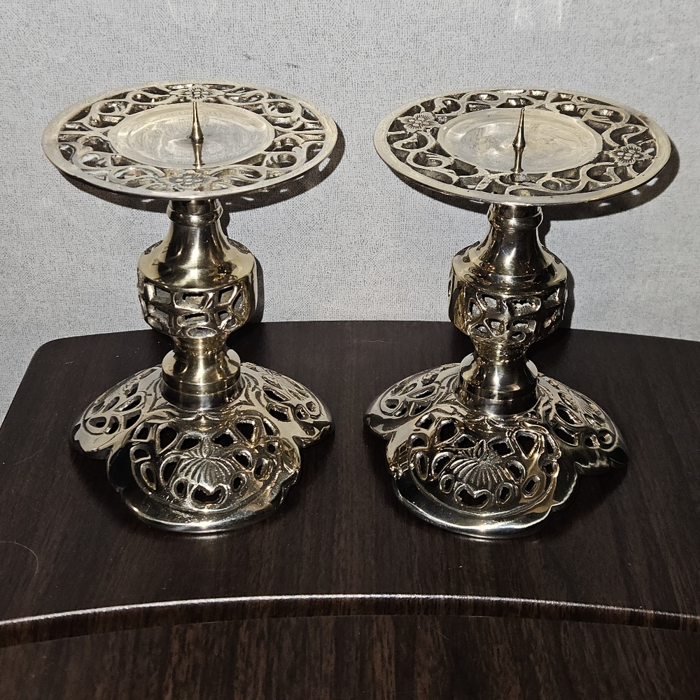 Pair of MCM Ornate Filigree Elegant Brass Pillar Candle Holders